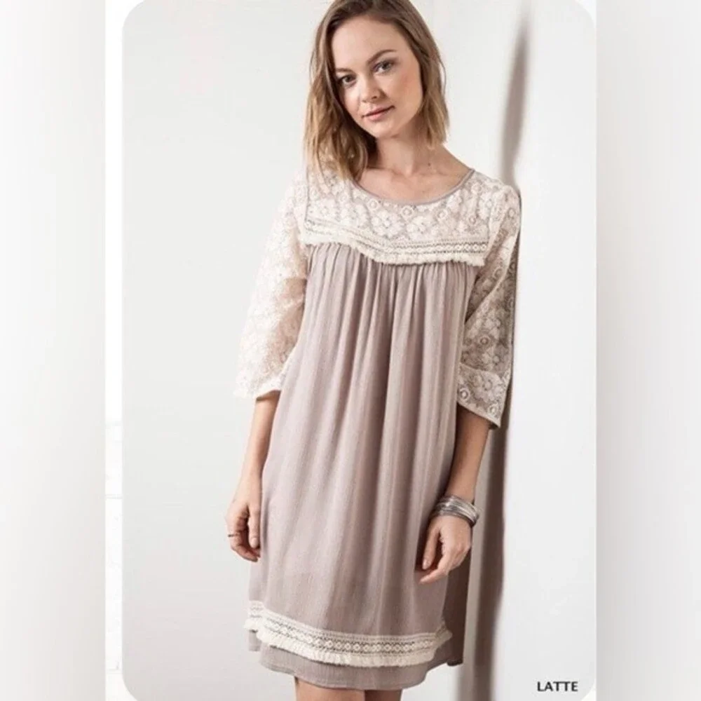 Umgee mocha and lace boho dress size medium